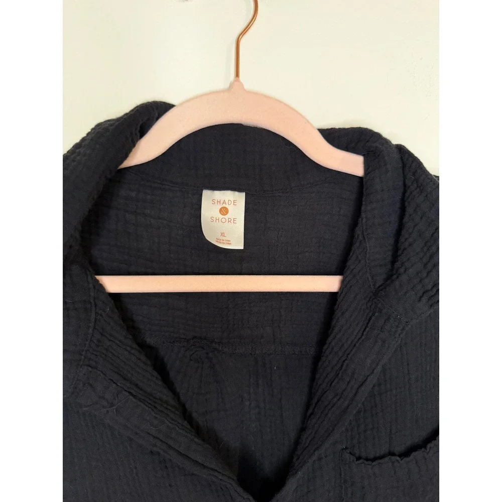 Shade & Shore Womens XL Black Gauze Button Down Swim Cover Up Shirt Long Sleeve